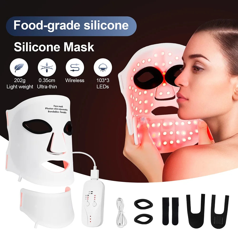 Wireless 7 Colors LED Face Beauty Machine Photon Facial Neck Skin Tighten Rejuvenation Silicone Mask