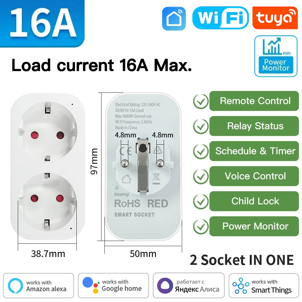 Tuya WIFI Smart Socket EU 16A/20A Wifi/Zigbee3.0 Smart Plug With Power Monitoring Smart HomeVoice Control Support  Alexa