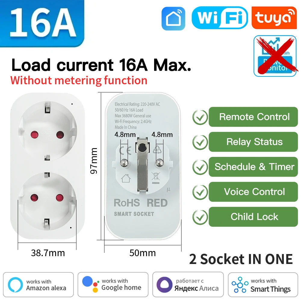 Tuya WIFI Smart Socket EU 16A/20A Wifi/Zigbee3.0 Smart Plug With Power Monitoring Smart HomeVoice Control Support  Alexa